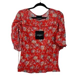 Cynthia Rowley NWT Small Red Paisley Blouse Puff Sleeve 100% Rayon Boho Top